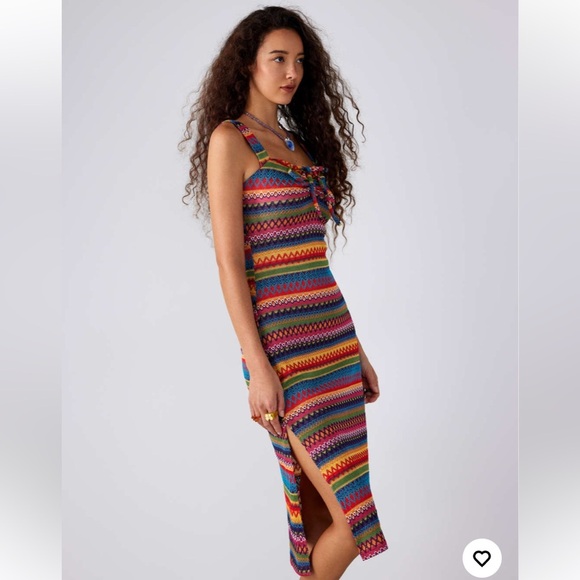 Cider Colourful Striped Beachy Boho V-Neck Front Tie Slit Maxi Dress Size XL - Picture 2 of 12